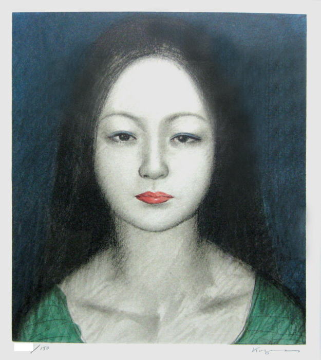 風間完 緑衣の少女 (昭和59-3-12)　絵画（リトグラフ）作品